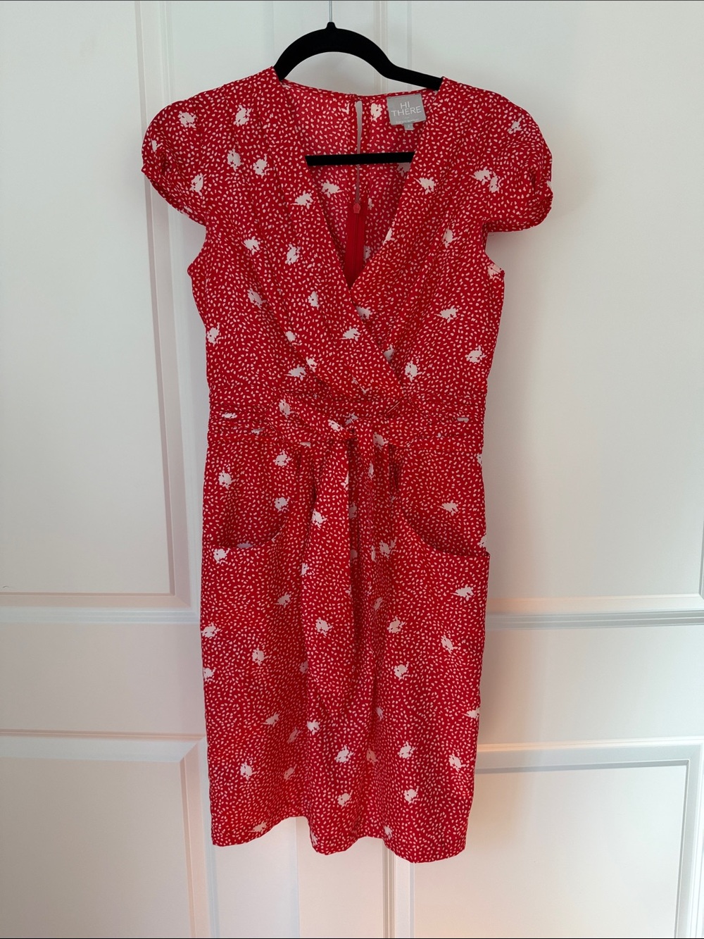 Red Floral Faux Wrap Dress with Tie Waist - Women